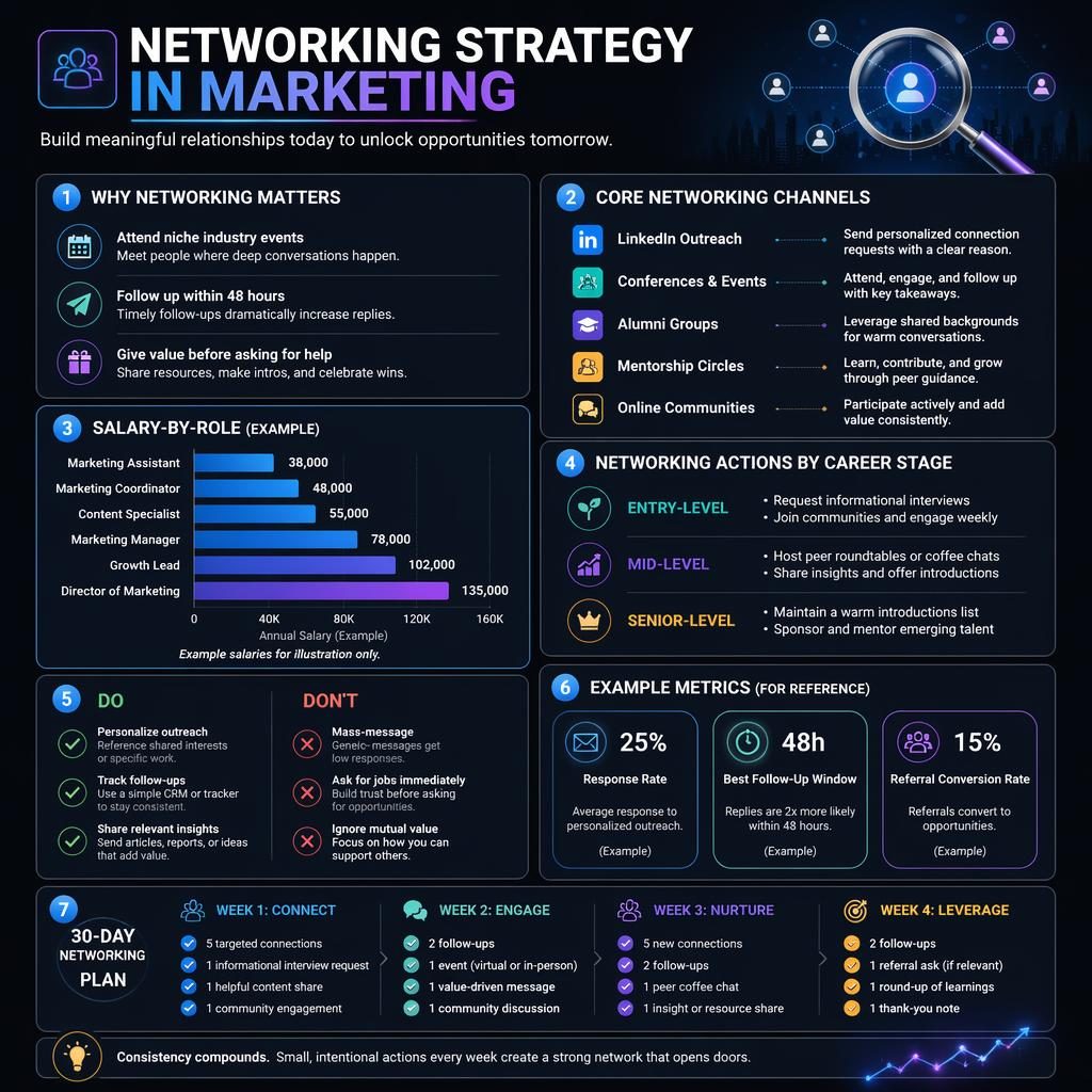 Vertical dark-mode infographic on networking strategy in marketing with tips, channels, salary bar chart, do/don'ts, and 30-day plan.