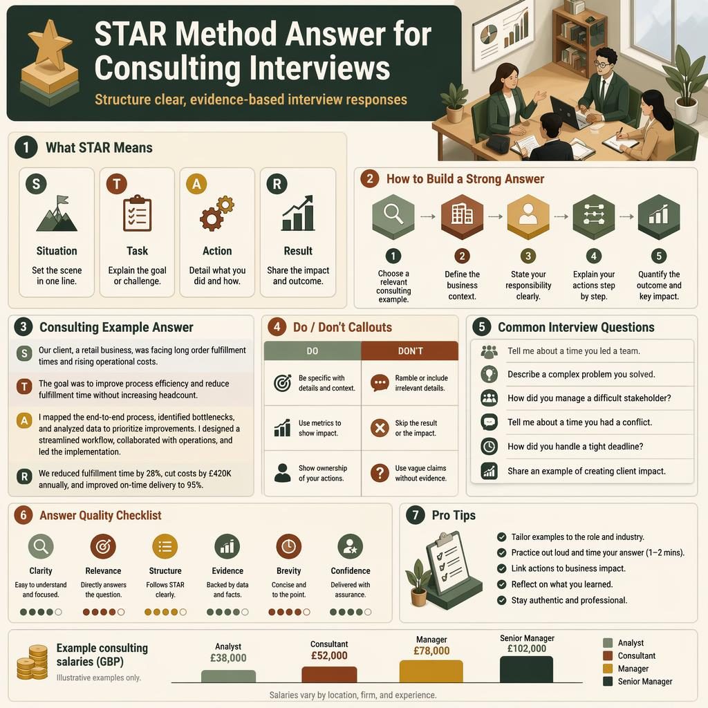 Isometrische 3D-Infografik zur STAR-Methode für Consulting-Interviews mit 7 Sektionen und Beispiel-Gehaltsbalken.
