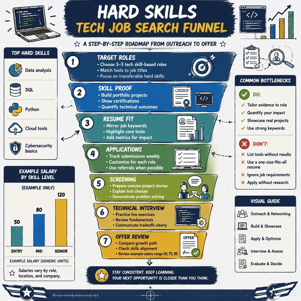 Sketchnote career infographic funnel with 7 tech job search stages, hard skills panels, and example salary charts.