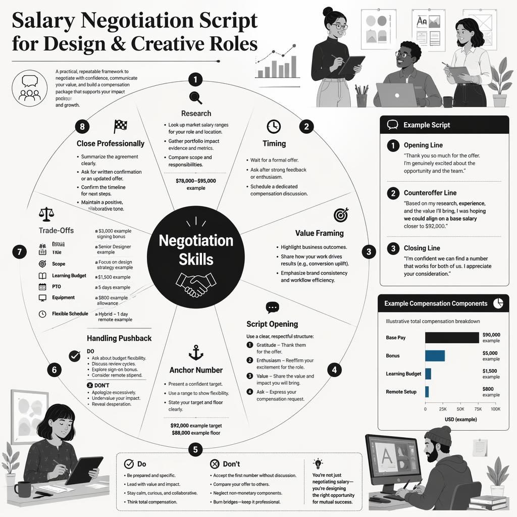 Monochrome editorial infographic with a soft-skills wheel on negotiation skills, example salary tips, script panel, and chart.