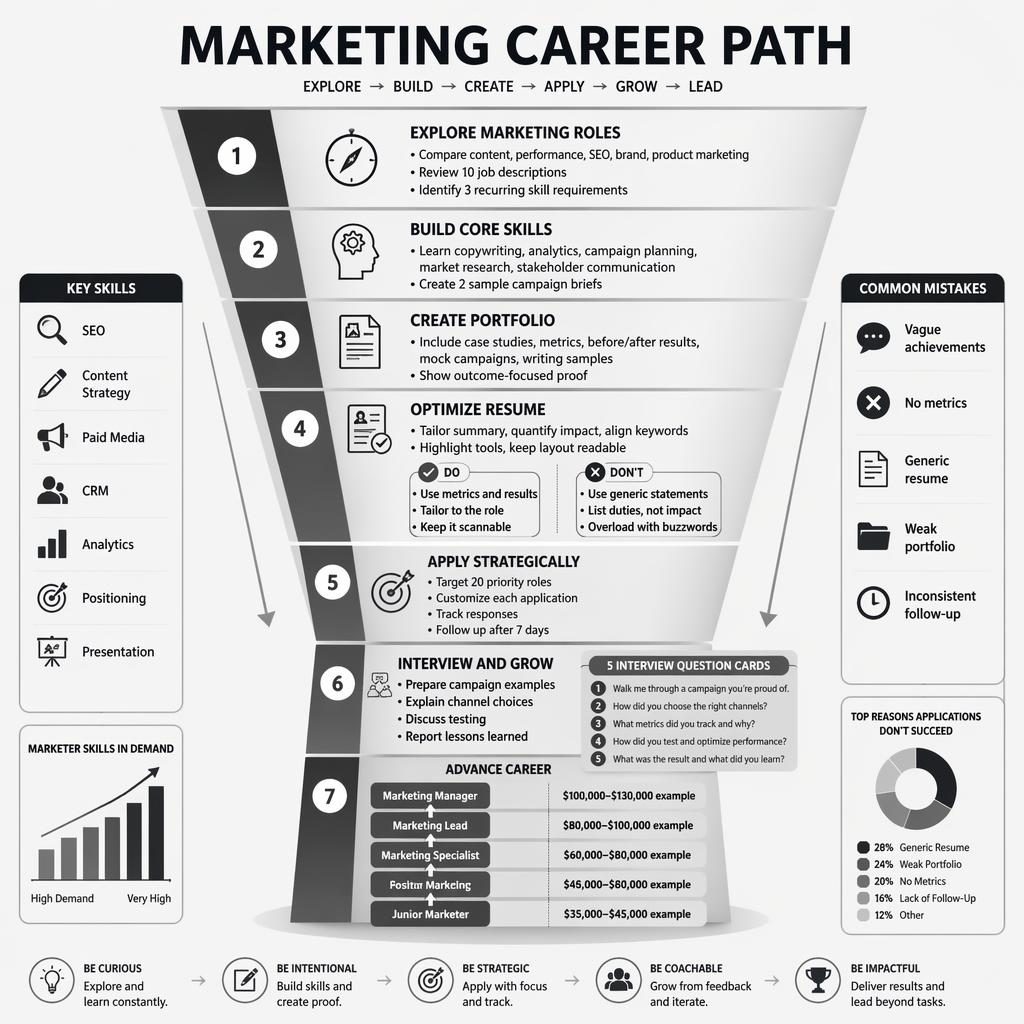 Monochrome Infografik mit Marketing-Karrierepfad als Funnel-Leiter-Hybrid, 7 englischen Stufen, Skill-Panels und Gehaltsbeispielen.