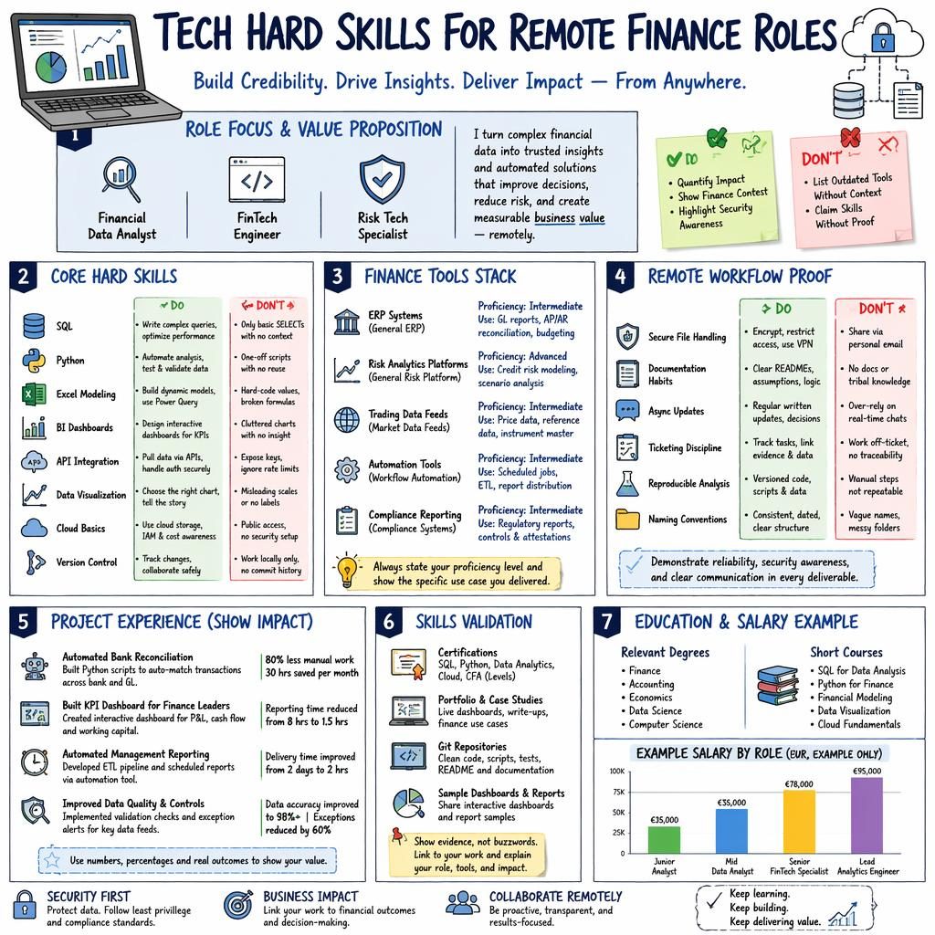 Sketchnote-style infographic poster showing 7 sections on tech hard skills for remote finance roles with charts and tips.
