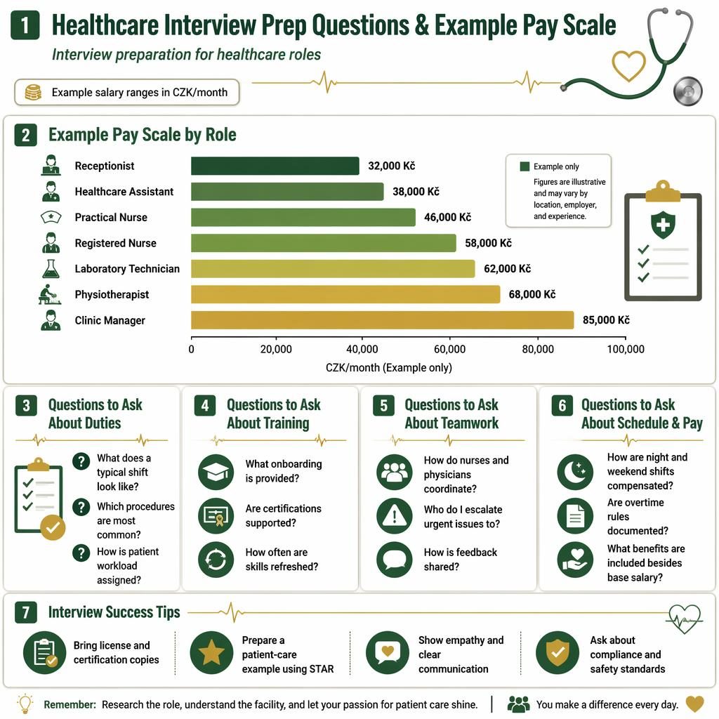 Healthcare interview prep infographic with salary-by-role bar chart in CZK, 7 sections, green and gold accents on white.