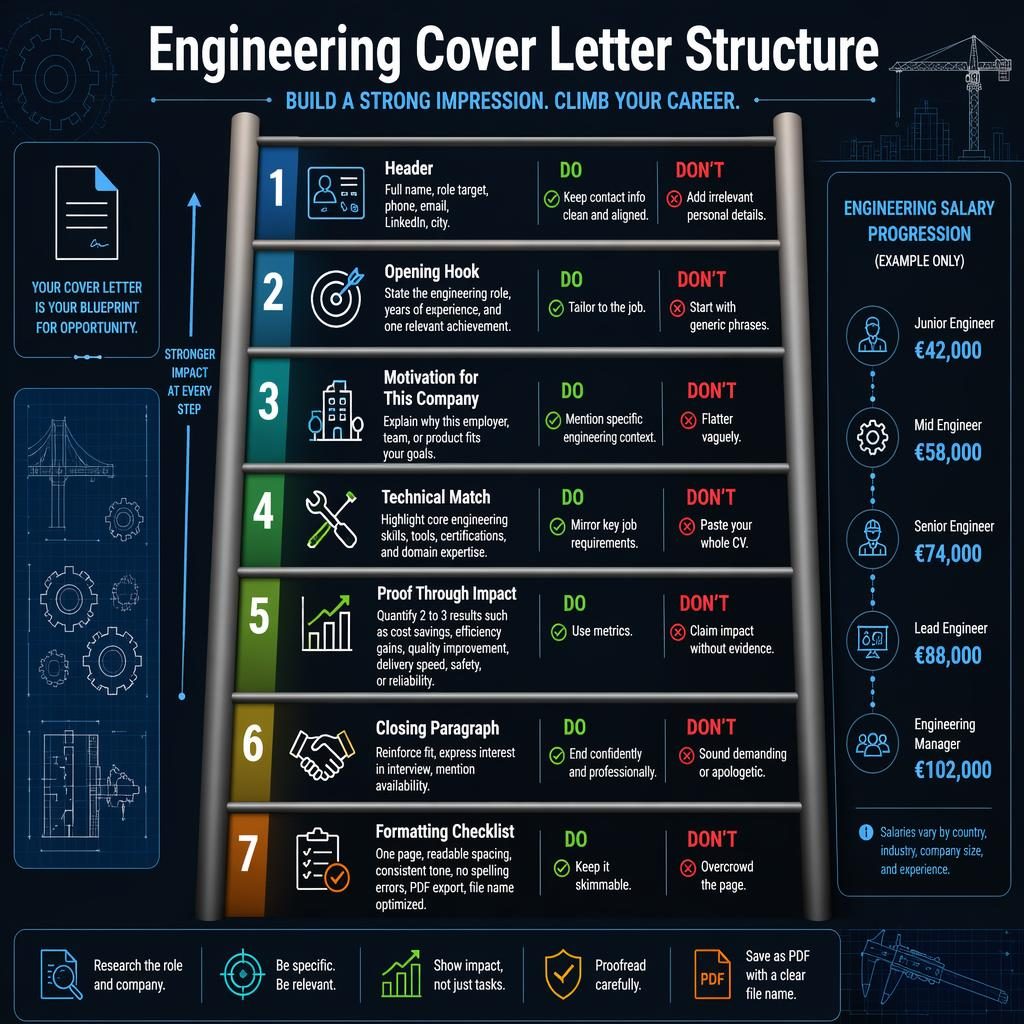 Dunkle Karriere-Infografik mit Leiter aus 7 englischen Abschnitten zum Engineering Cover Letter und Gehaltsbeispielen.