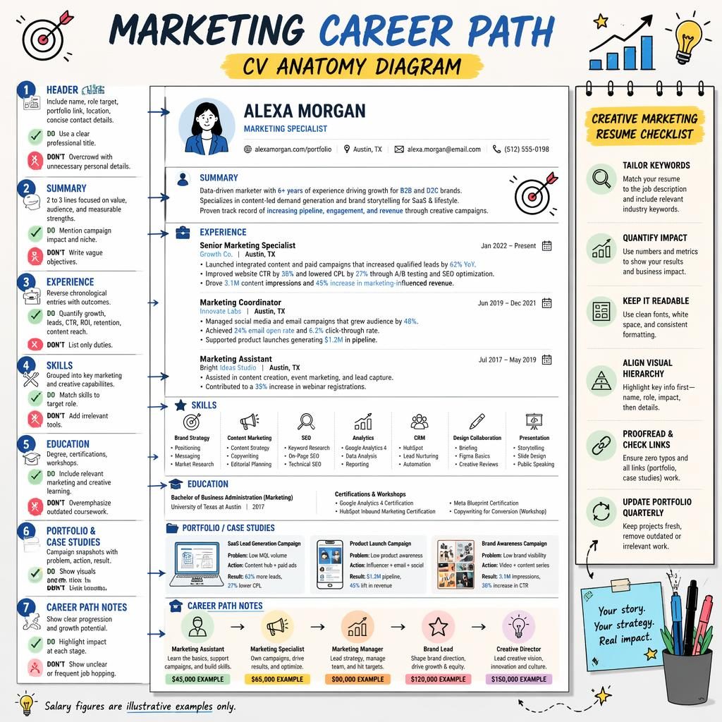 Sketchnote-style marketing resume infographic with 7 annotated CV sections, do/don't callouts, checklist panel, and salary path.