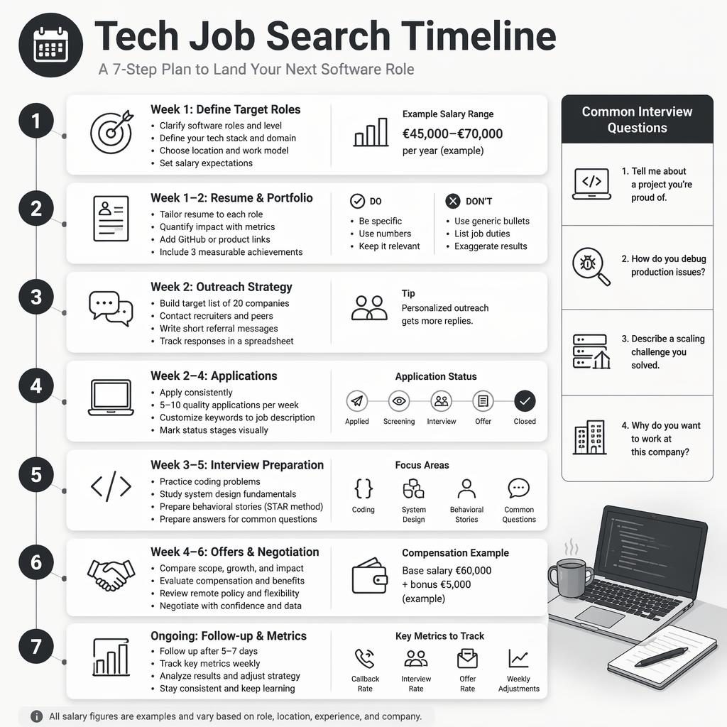 Monochrome infographic with 7 stacked cards showing a tech job search timeline and a side panel of common interview questions.