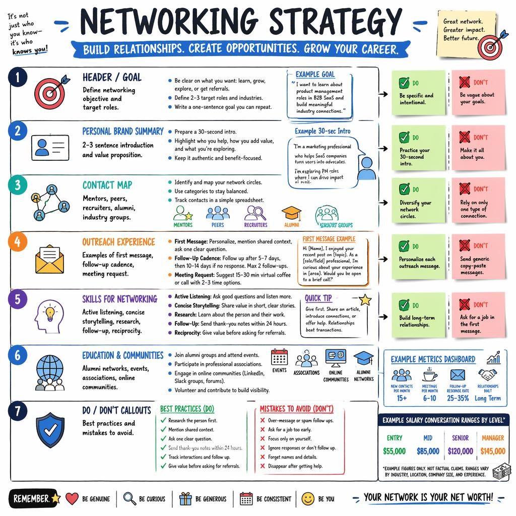 Sketchnote networking strategy infographic with 7 labeled sections, do/don't notes, arrows, icons, and example salary chart.
