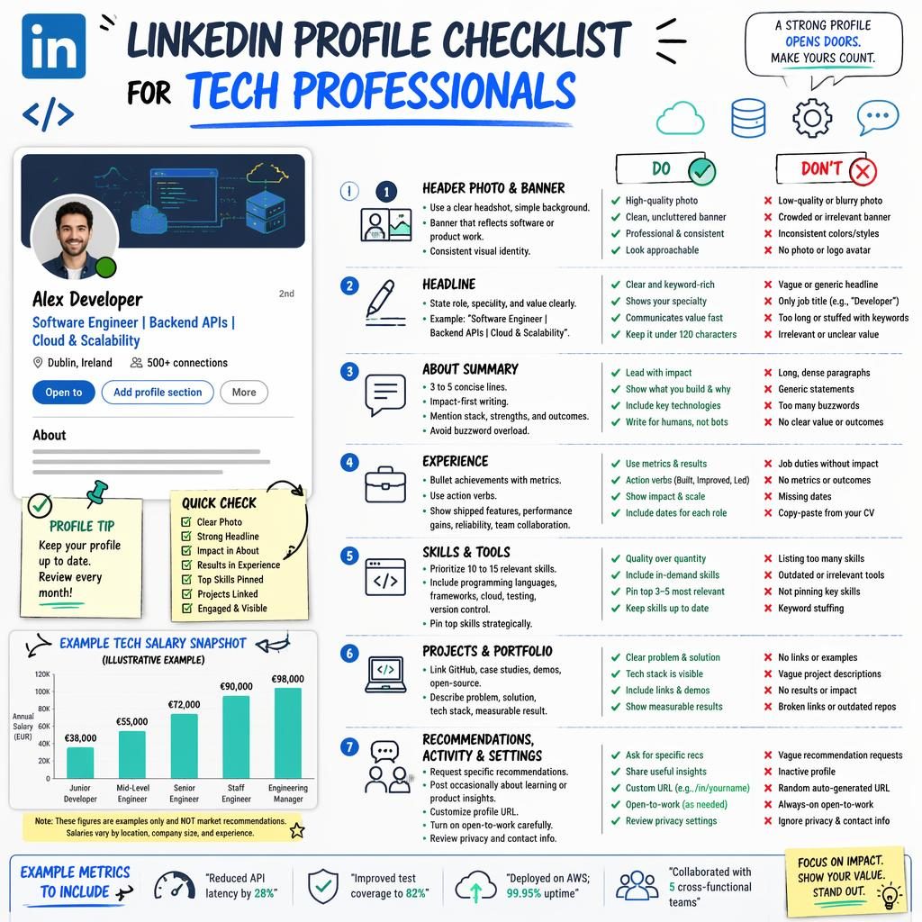 Infographie style sketchnote d’audit de profil LinkedIn tech avec 7 sections, conseils, pictos checklist et barres salariales.
