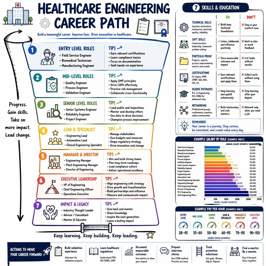 Sketchnote infographic of a healthcare engineering career funnel with 7 sections, icons, example salary bars, and pay per hour chart.