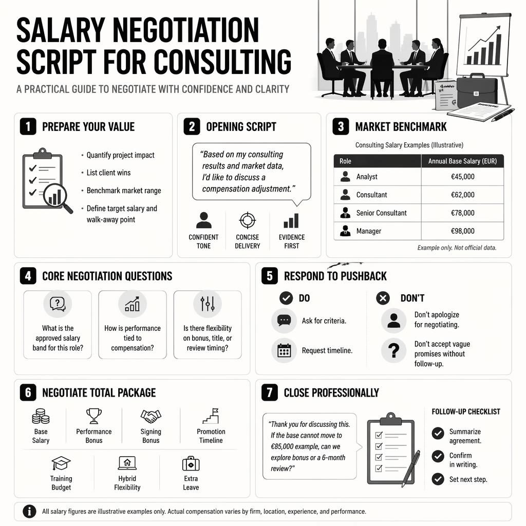 Minimal monochrome career infographic with 7 consulting salary negotiation panels, example salary chart, scripts, icons, and footer note.