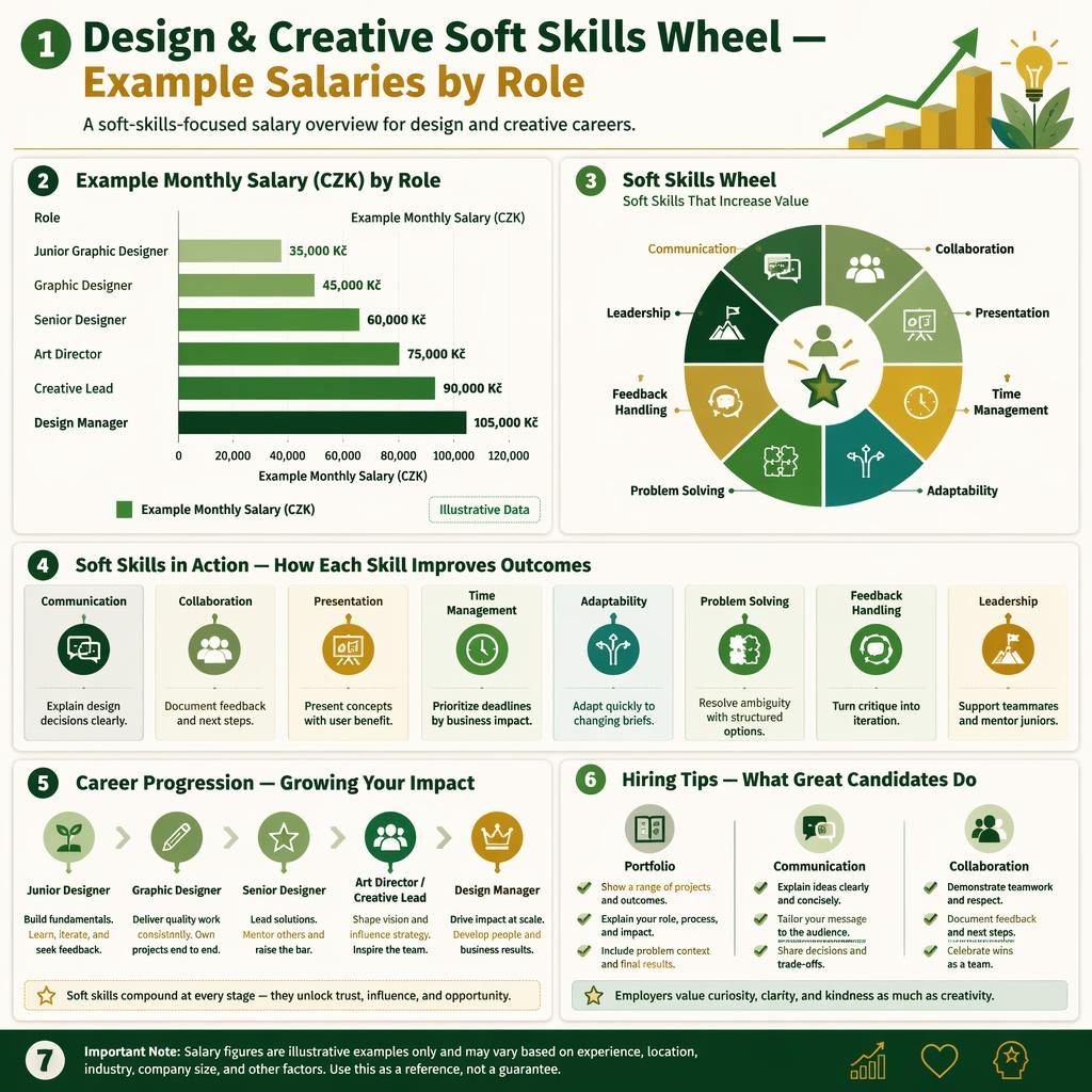 Green and gold career infographic with salary bar chart in CZK, soft skills wheel, hiring tips, and design role progression.