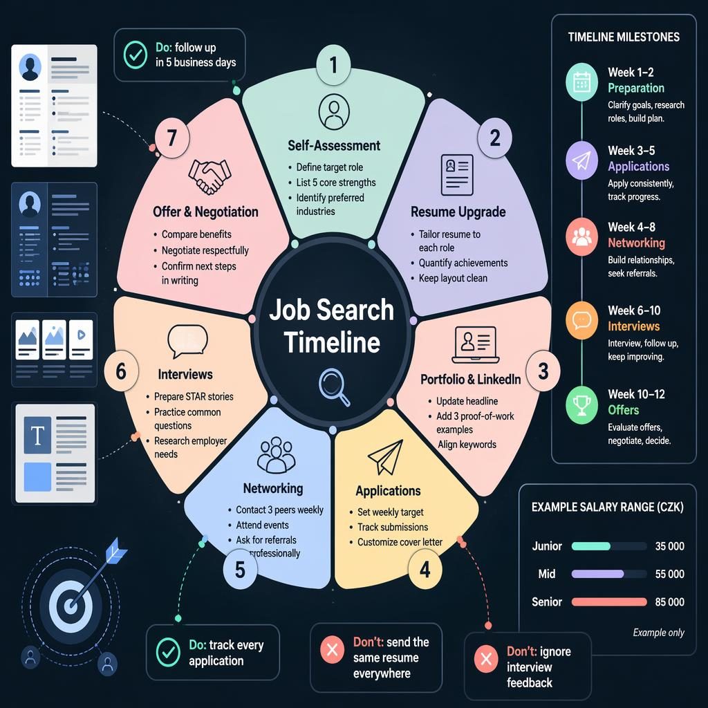 Tmavá dashboard infografika s kruhovým přehledem Job Search Timeline, 7 sekcemi, milníky týdnů 1–12 a ukázkou platu v Kč.