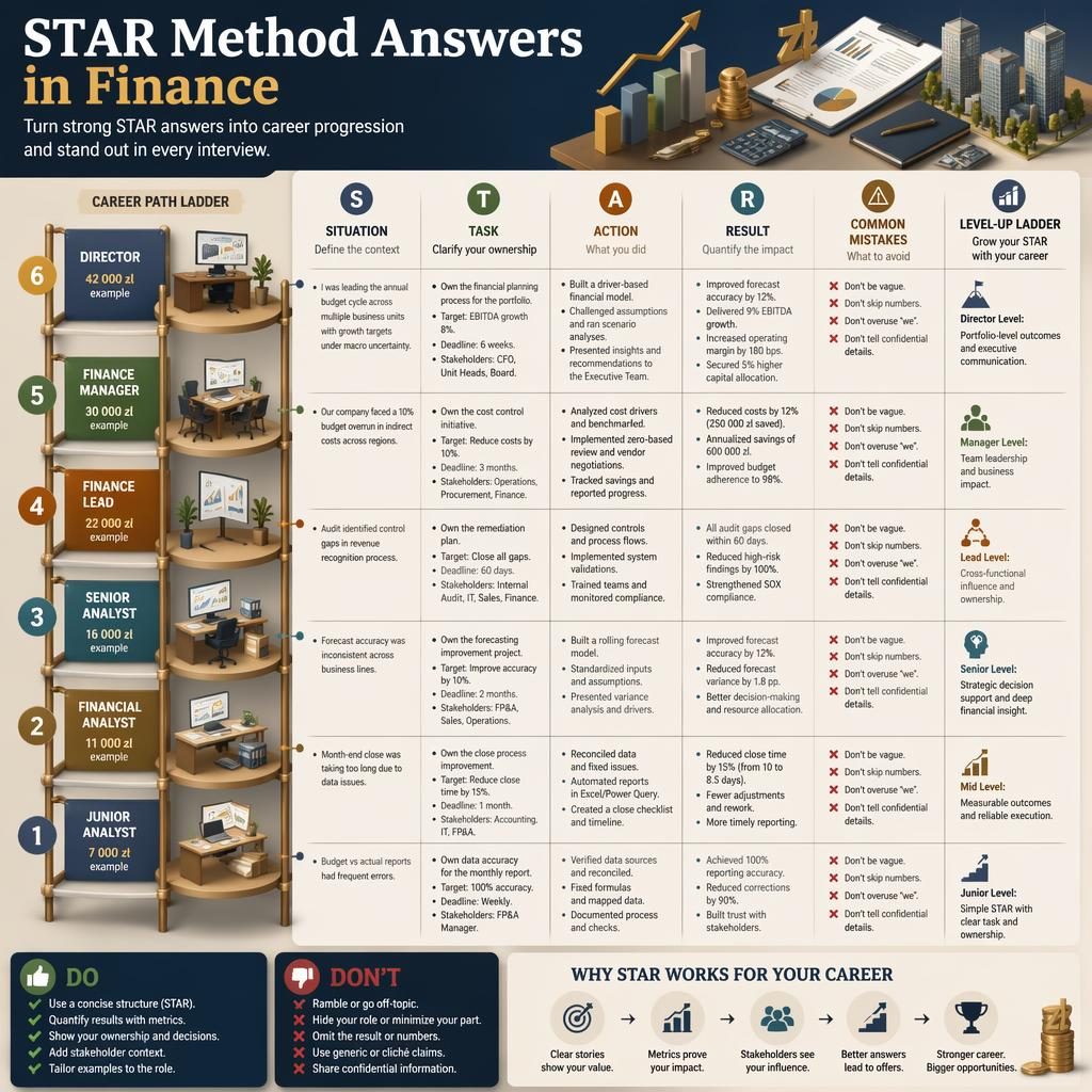 Isometric 3D finance career ladder infographic with 6 STAR Method levels, salary examples in PLN, charts, reports, calculators, and office icons.