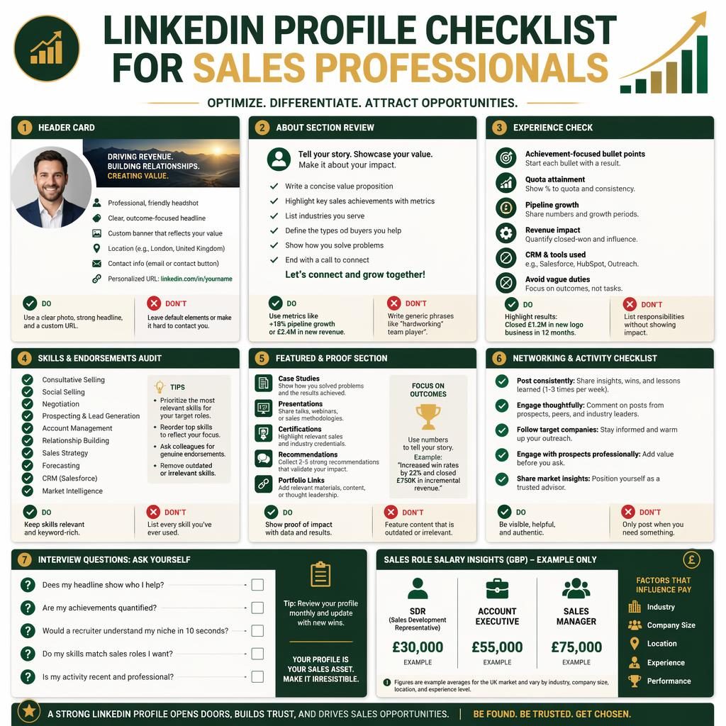 Editorial infographic with 7 sales profile checklist sections, do/don't tips, interview questions, and example GBP salaries.