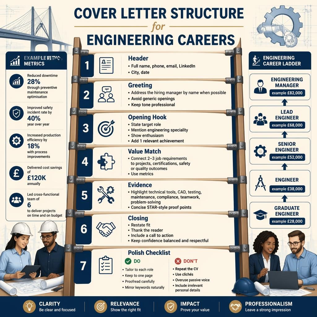 Vertical engineering cover letter ladder infographic with 7 labeled sections, icons, blueprint accents, and example salary panels.