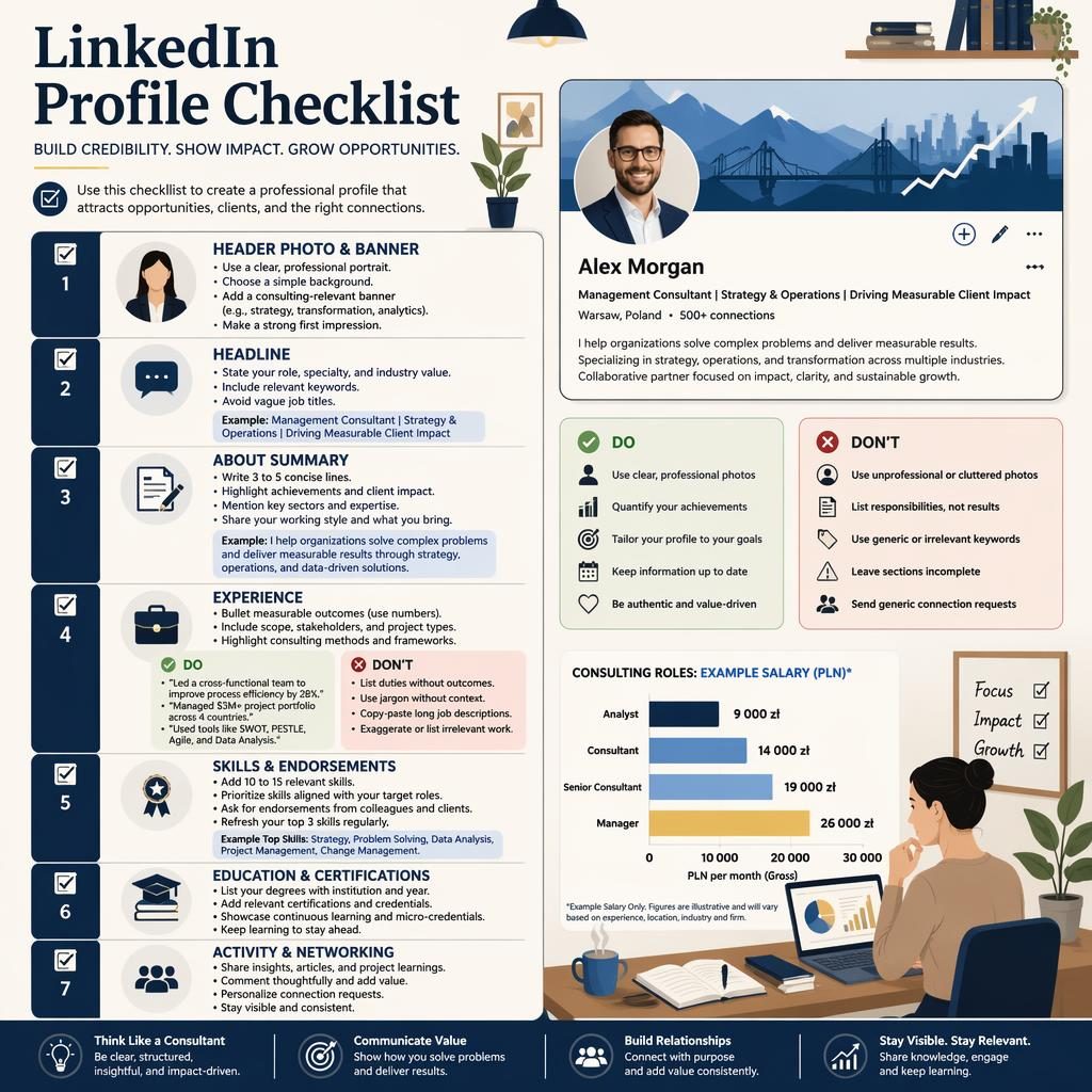 Editorial infographic poster of a LinkedIn profile checklist with 7 labeled sections, do and don't callouts, icons, and example salary bar chart.