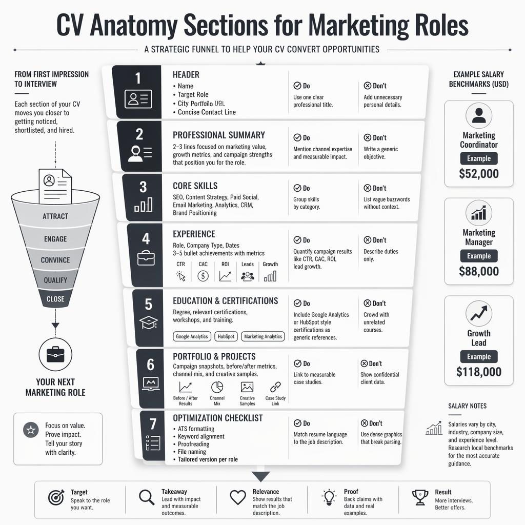 Monochrome vertical funnel infographic showing 7 CV anatomy sections for marketing roles with do and don't badges, icons, charts, and example USD salary boxes.