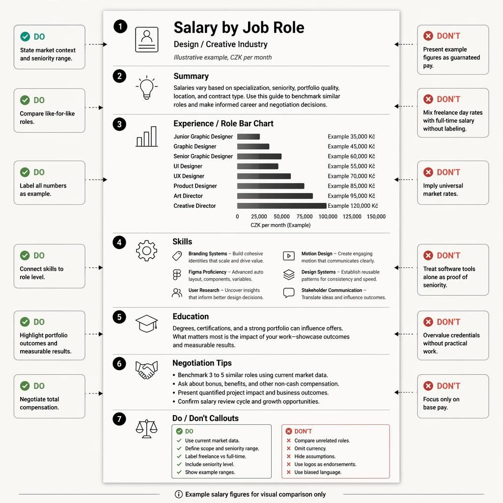Monochrome career infographic with a CV-style page, salary bar chart in CZK, 7 labeled sections, and do/don't callouts.