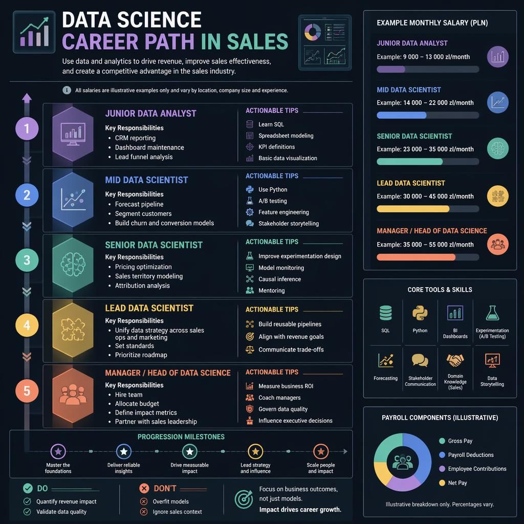 Dark dashboard infographic showing a sales data science career ladder, salary example bars in PLN, tools, badges, and UI panels.