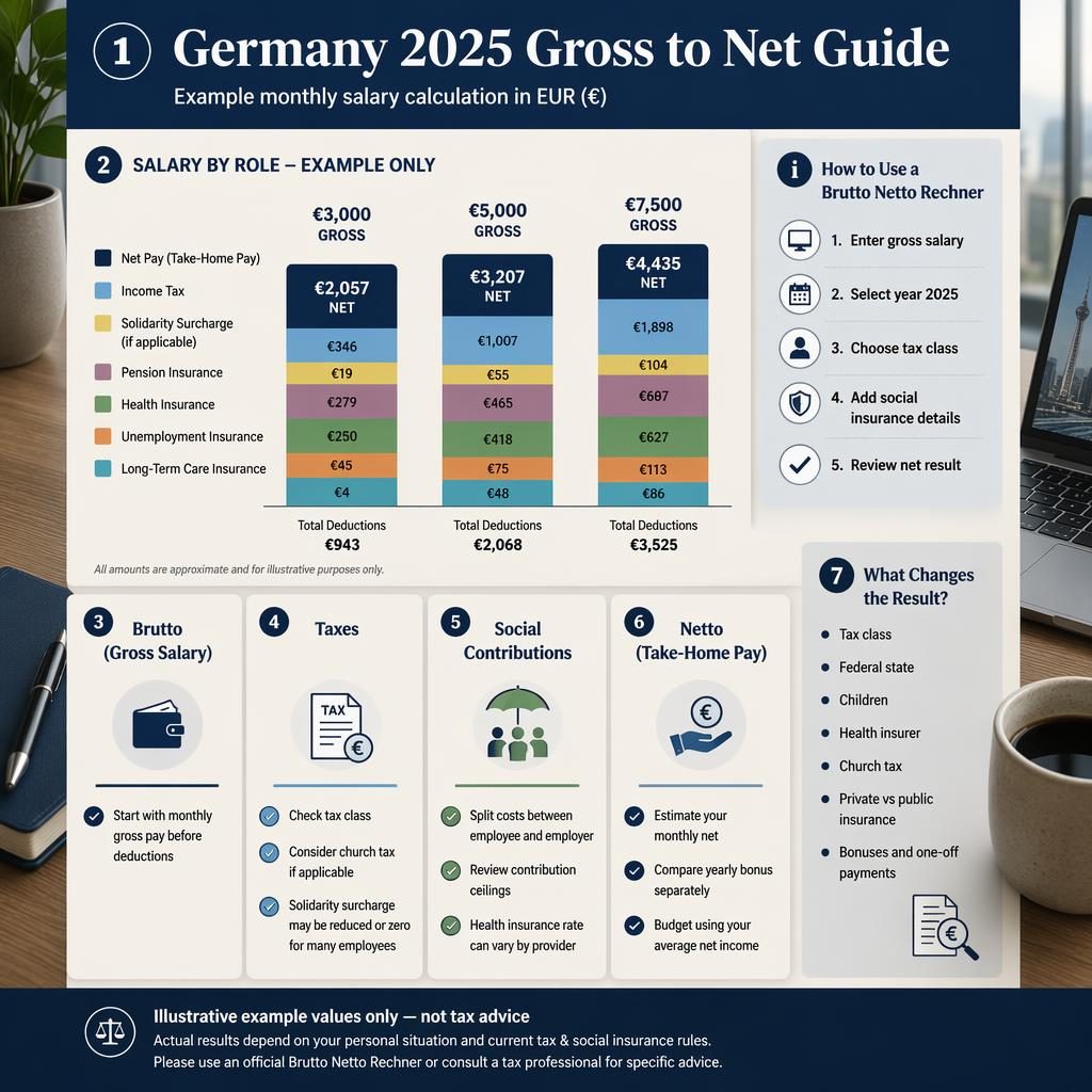 Editorial-Infografik mit Balkendiagramm zu Brutto-Netto-Gehalt in Deutschland 2025, drei Beispielgehältern und Infokarten.