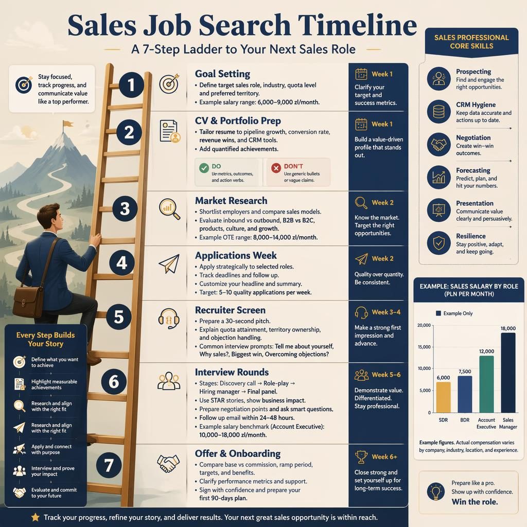 Editorial-Infografik mit vertikaler Karriereleiter, 7 Sales-Phasen, Skill-Callouts und Beispiel-Gehaltsdiagramm.