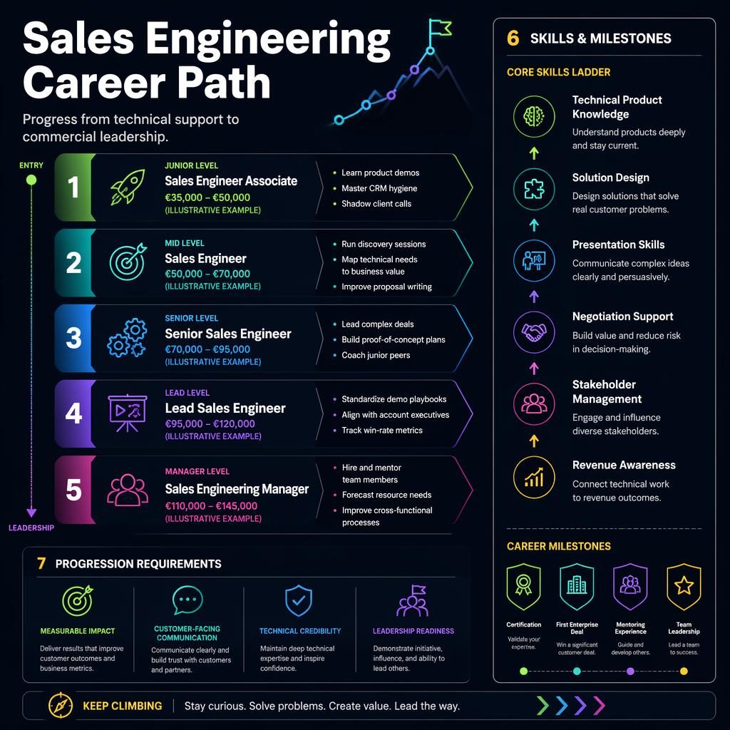 Dunkle Infografik mit Leiter-Karrierepfad für Sales Engineering, 7 Stationen, englischen Labels, Icons, Pfeilen und Beispielgehältern.