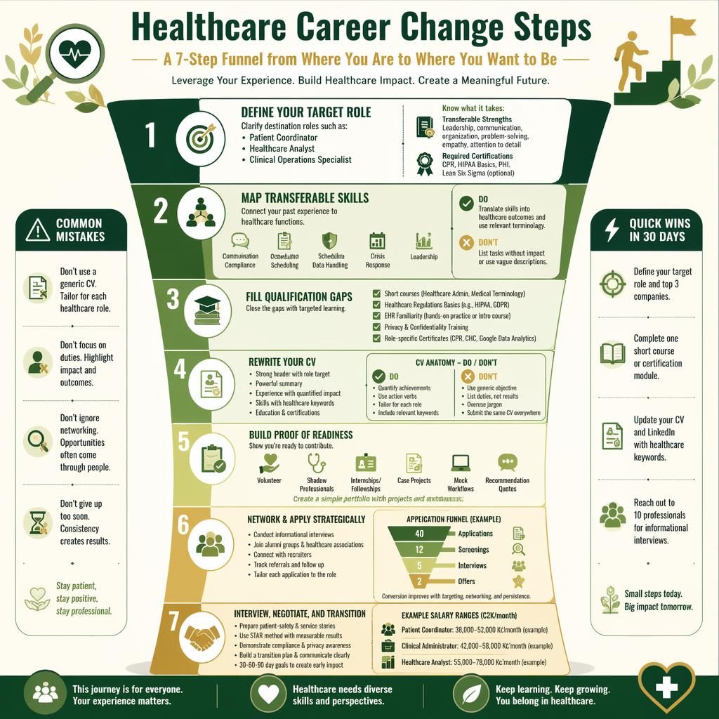 Vertical green and gold healthcare career change infographic with a 7-step funnel, icons, side panels, and example CZK salary ranges.