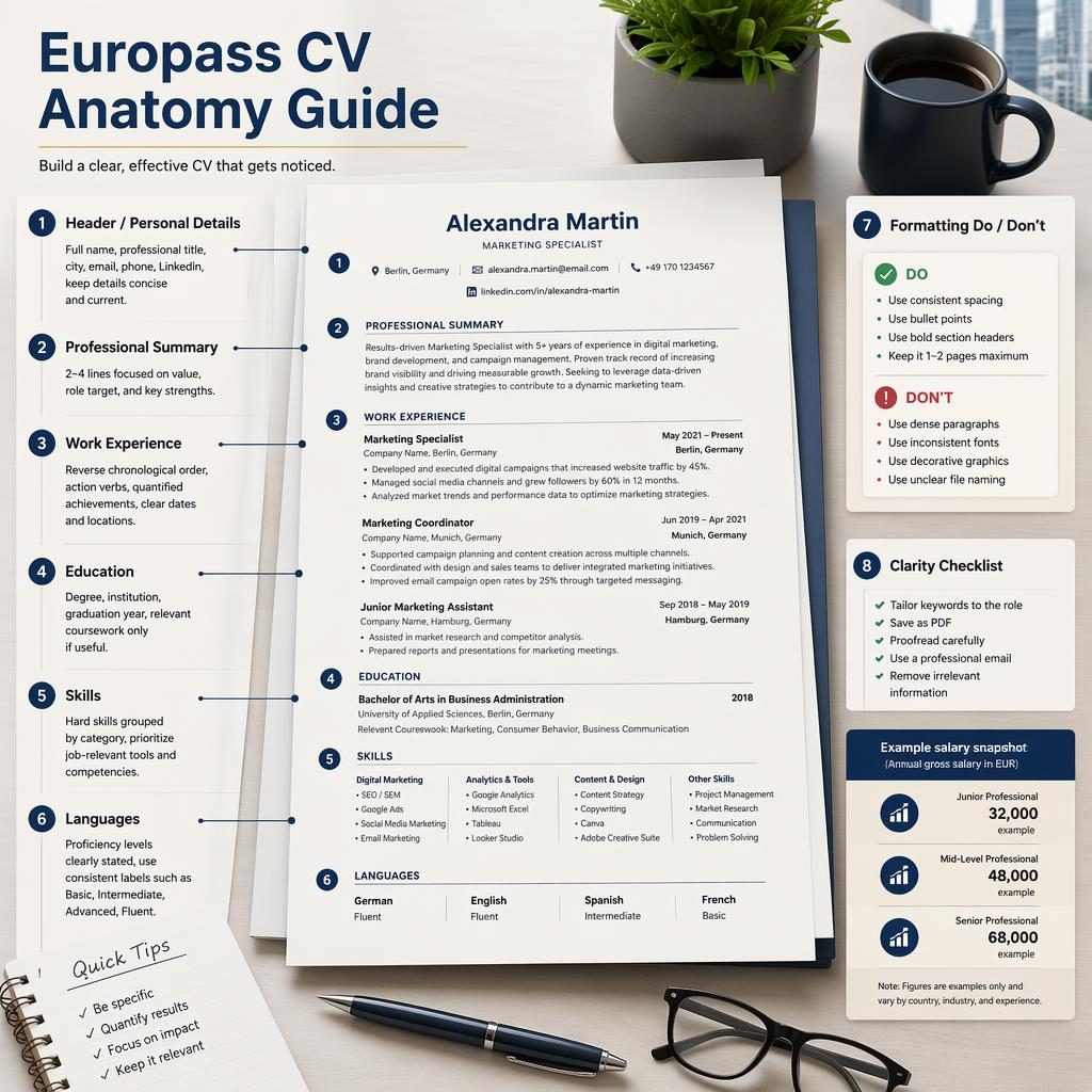 Infografica Europass CV su scrivania pulita con pagine resume, 8 sezioni in inglese, box do/don't e sidebar salario