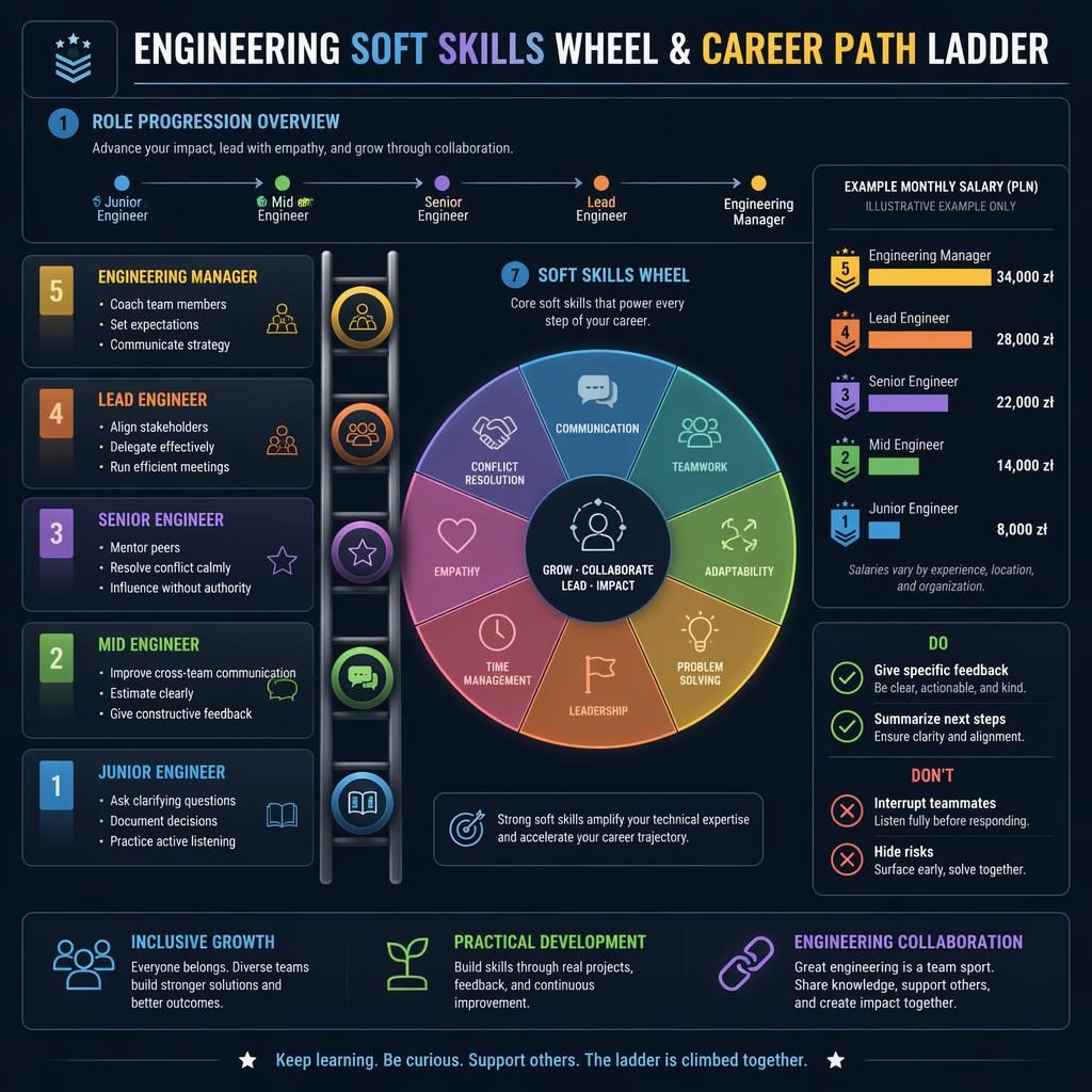 Dark dashboard infographic with engineer career ladder, soft skills wheel, PLN salary bars, and do/don't callouts.