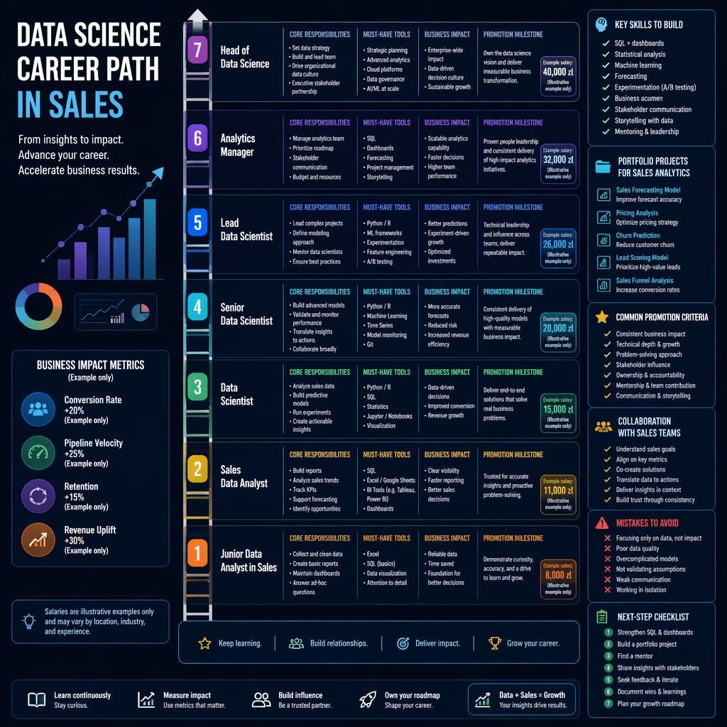 Dark-mode career ladder infographic showing 7 sales data science roles, tips, side panels, and illustrative PLN salary badges.
