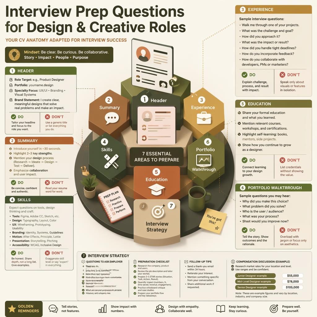 Isometrische Karriere-Infografik im Editorial-Stil mit 7 englisch beschrifteten Bereichen zur Interviewvorbereitung für Designrollen.