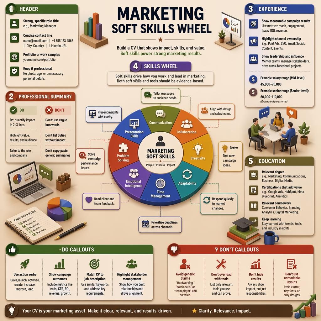 Isometric 3D marketing career infographic with a soft skills wheel, CV sections, do and don't callouts, and example salary ranges.