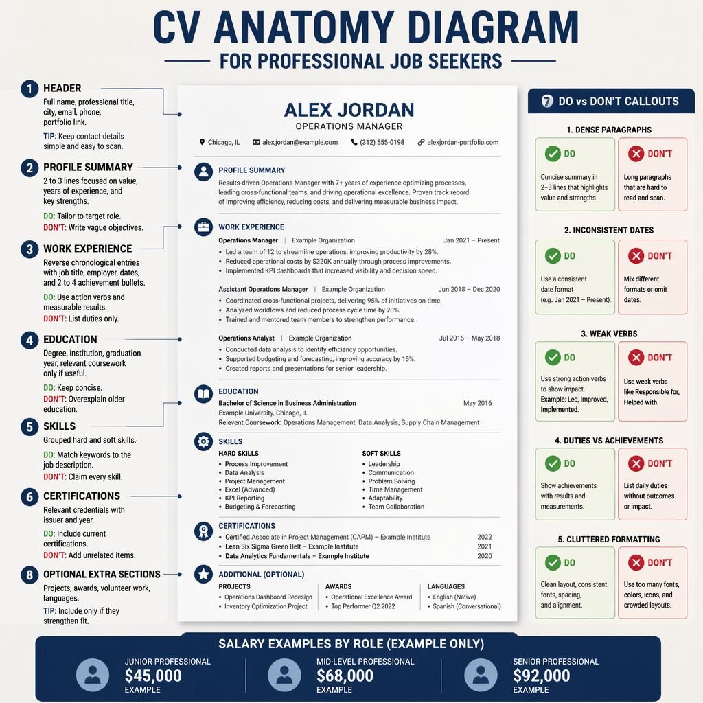 Poster infografico editoriale con curriculum vitae centrale e sezioni annotate, palette navy e crema, callout do vs don’t.