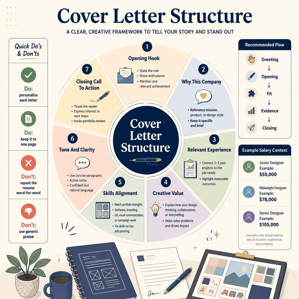 Infografía editorial con rueda central y 7 secciones sobre cover letter, paneles de consejos, flujo recomendado e iconos.