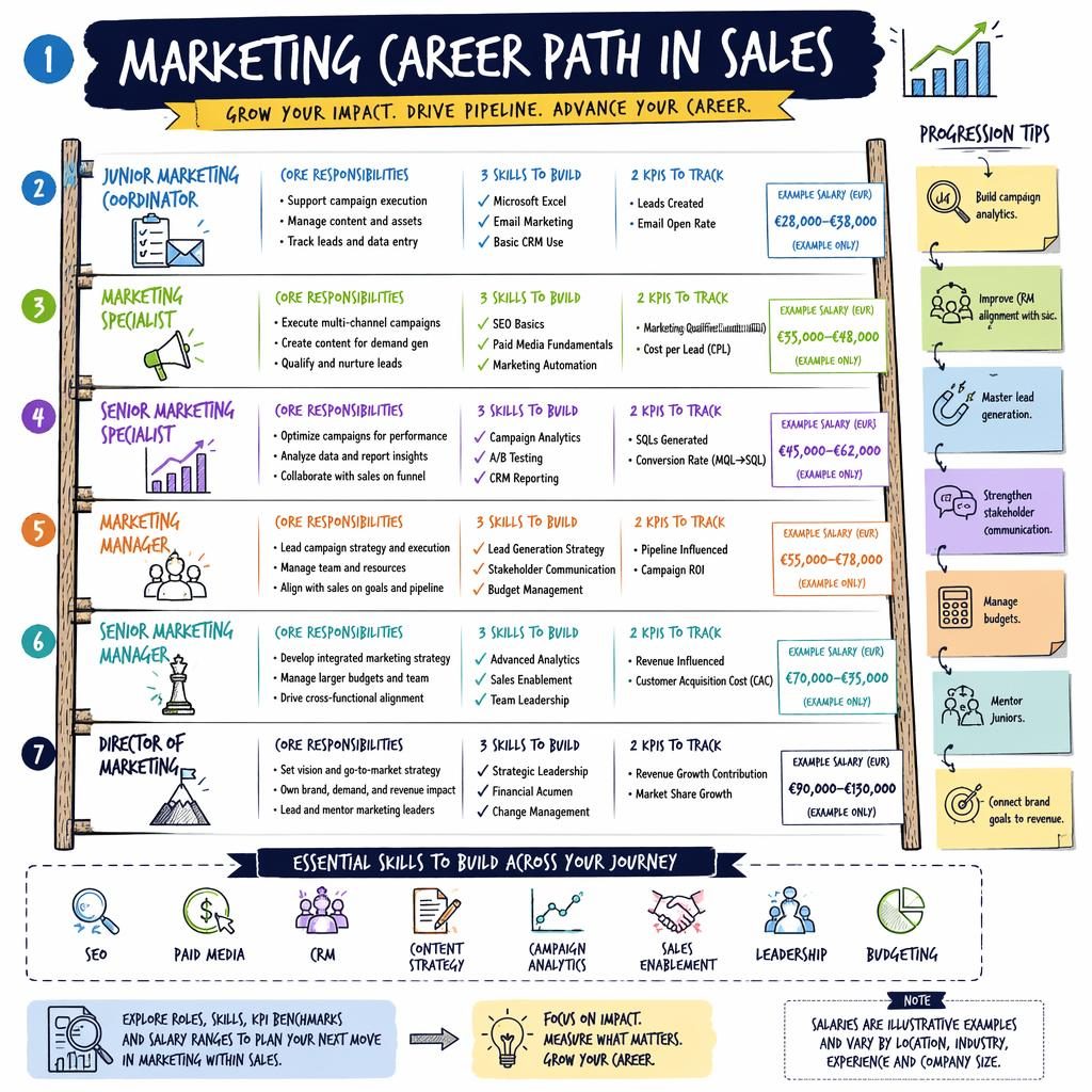 Vertical sketchnote ladder infographic showing 6 marketing roles in sales with skills, KPIs, example EUR salaries, and tips.