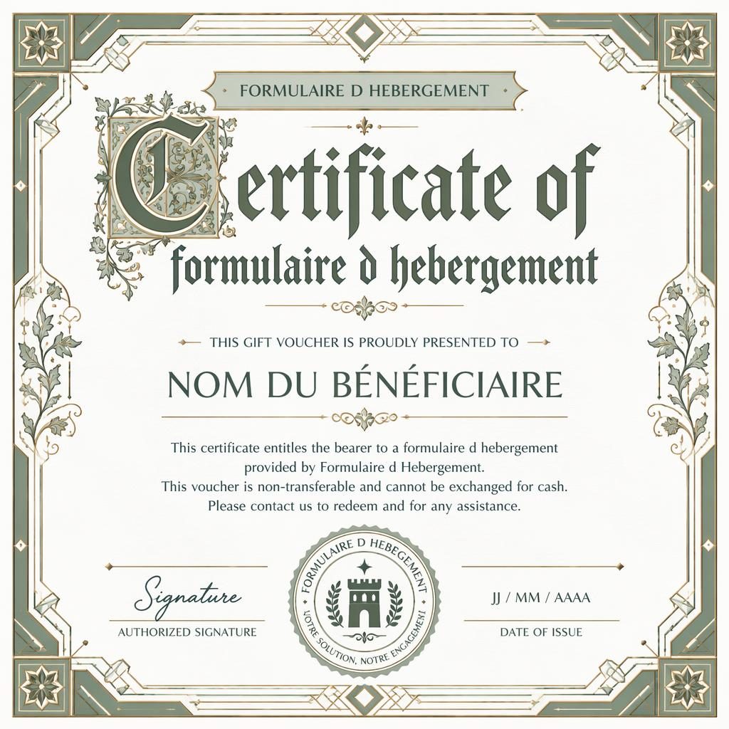 Certificat bon cadeau A4 paysage, bordure art déco médiévale blanc sauge, titre central, lignes de signature et sceau.