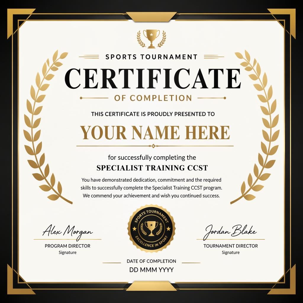 Modern minimal landscape A4 certificate template with black and gold palette, laurel border, heading, signature lines, date.