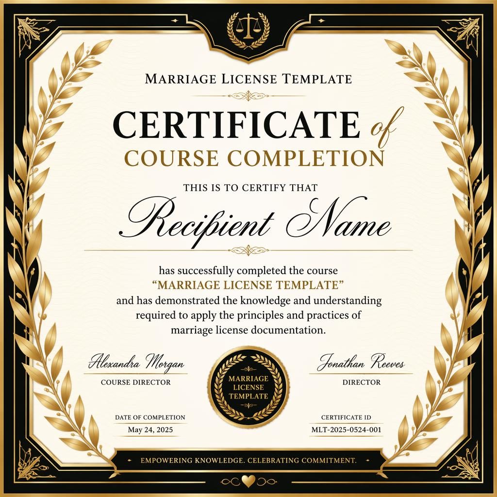 Landscape A4 certificate template with laurel wreath border, black and gold palette, centered heading, signature lines, date, and seal.