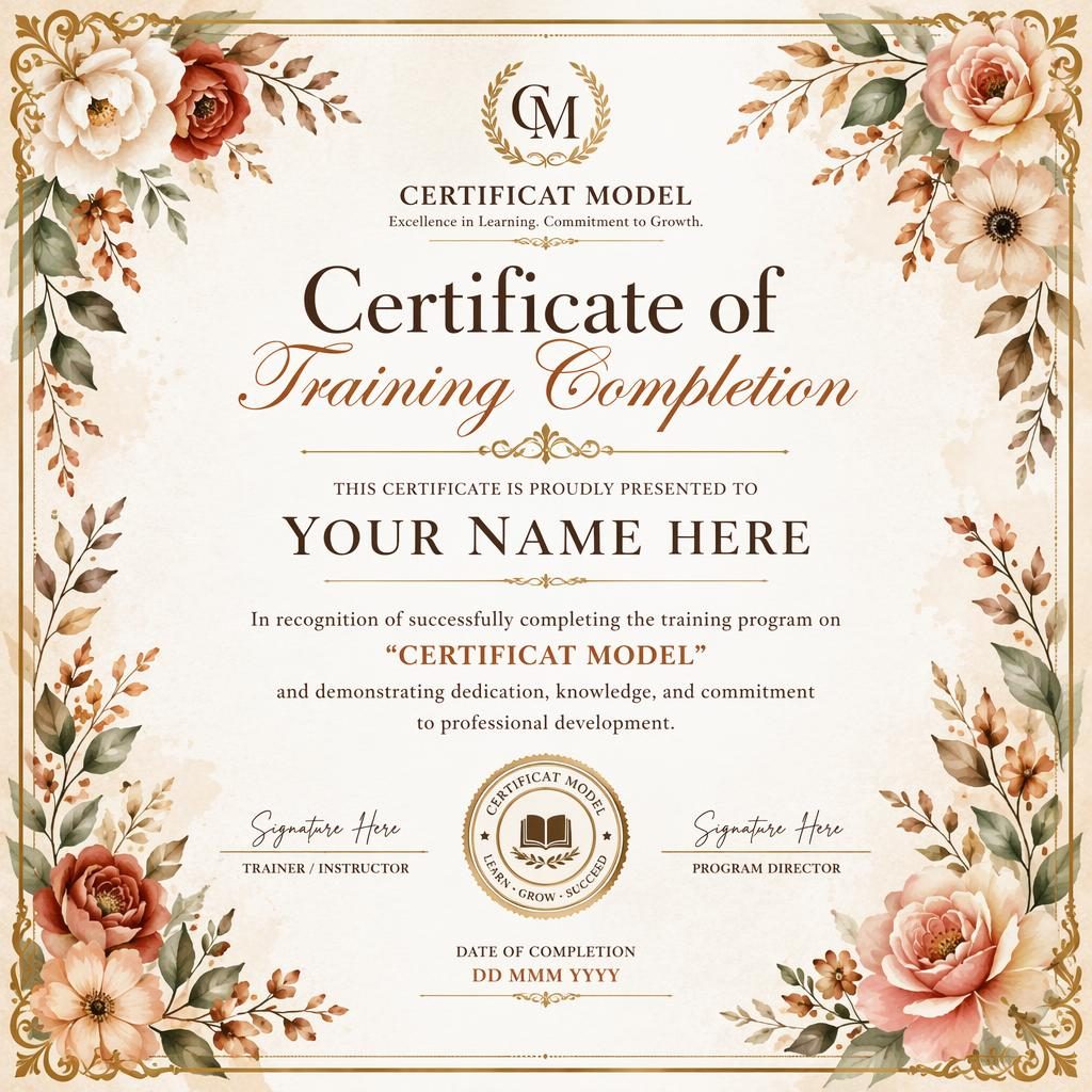 Modèle de certificat de formation A4 paysage, style classique orné, bordure florale aquarelle, signature et sceau.