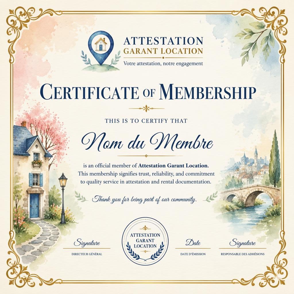 Modèle de certificat A4 paysage style aquarelle, bordure dorée ornée, palette pastel, signature, date et sceau.