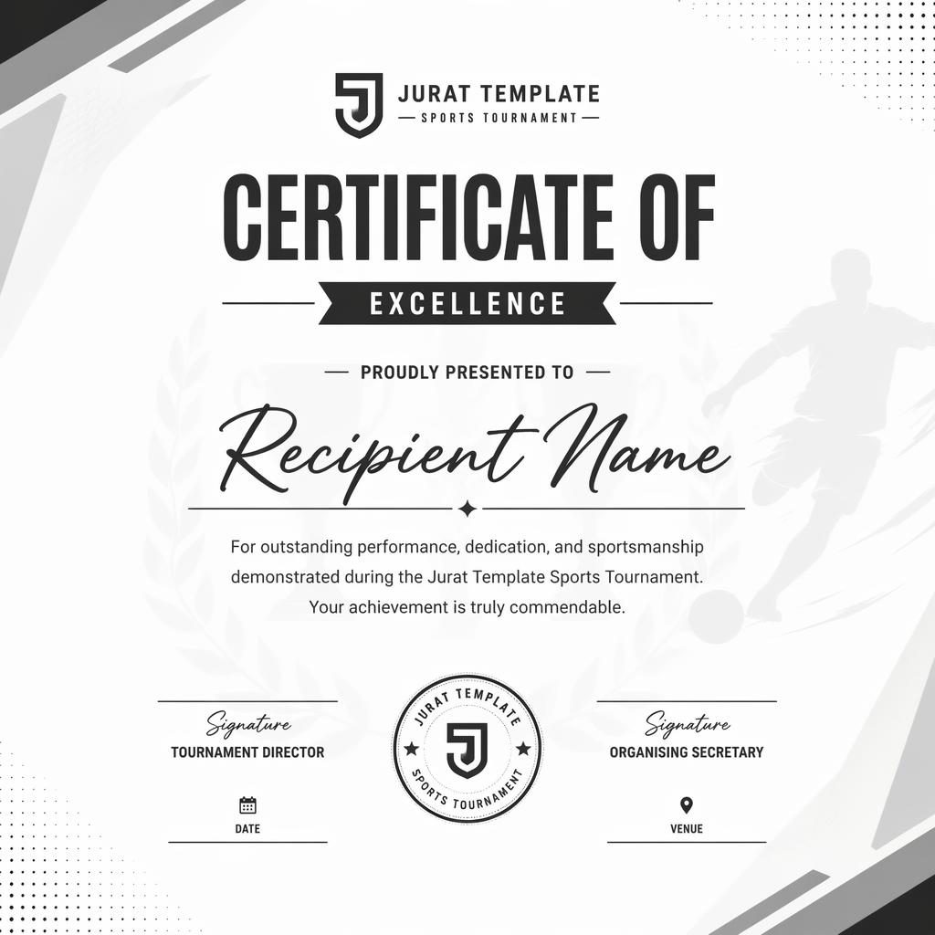 Modern minimal monochrome sports tournament certificate template in landscape A4 with heading, recipient name, body text, signature lines, date, and seal.