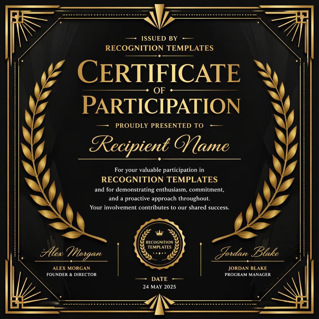 Landscape A4 participation certificate template in black and gold with art deco framing, laurel wreath border, signature lines and seal.
