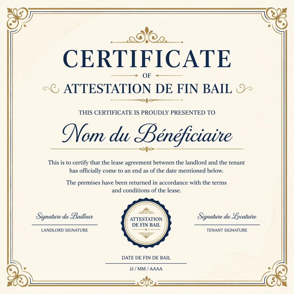 Modèle de certificat paysage A4 crème, or et bleu marine avec bordure fine, titre central, zones signature, date et sceau.