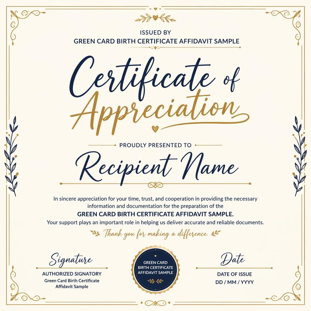 Landscape A4 appreciation certificate template with cream, gold, and navy palette, thin border, signature lines, date, seal.
