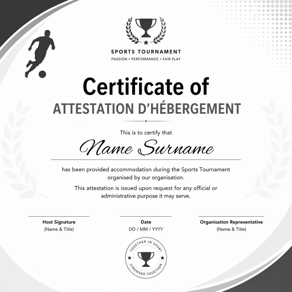 Modèle de certificat paysage A4 minimaliste monochrome avec titre central, nom, texte, signatures, date et sceau