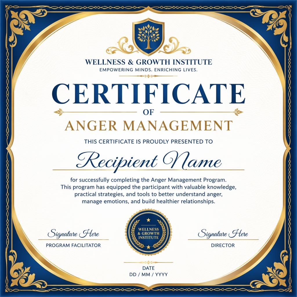 Academic merit certificate template in royal blue and gold with decorative border, heading, name, signature lines, date.