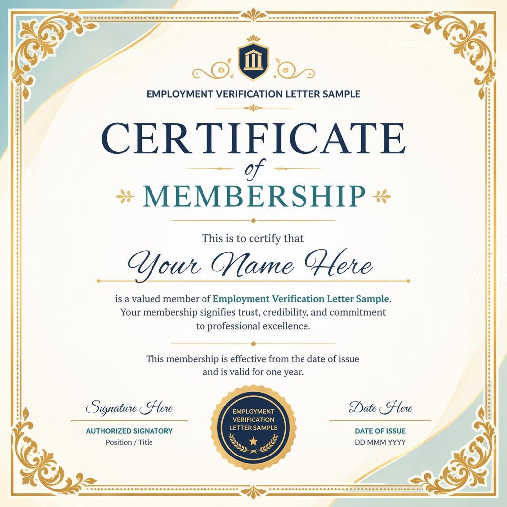 Landscape A4 membership certificate template with gold ornamental border, pastel palette, heading, signature lines, date, and seal