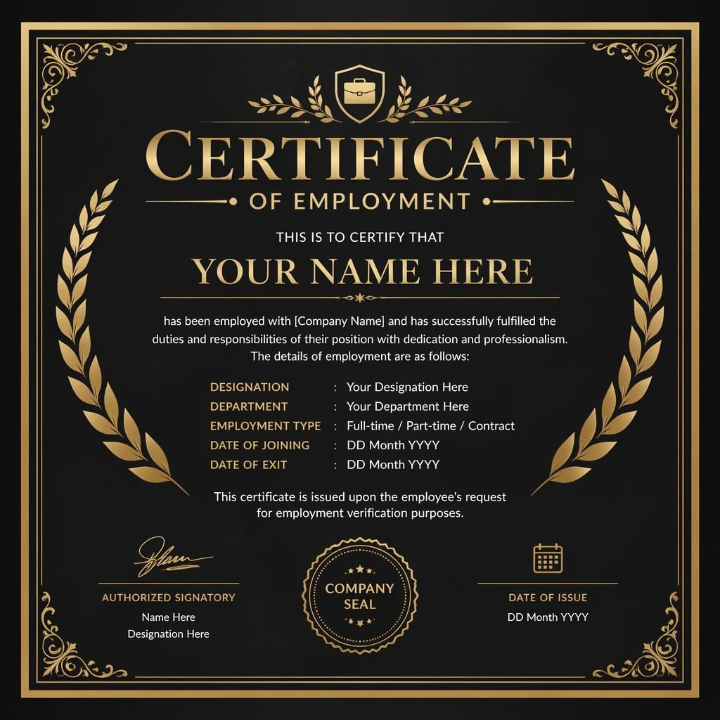 Landscape A4 luxury certificate template in black and gold with laurel wreath border, heading, signature lines, date, and seal.