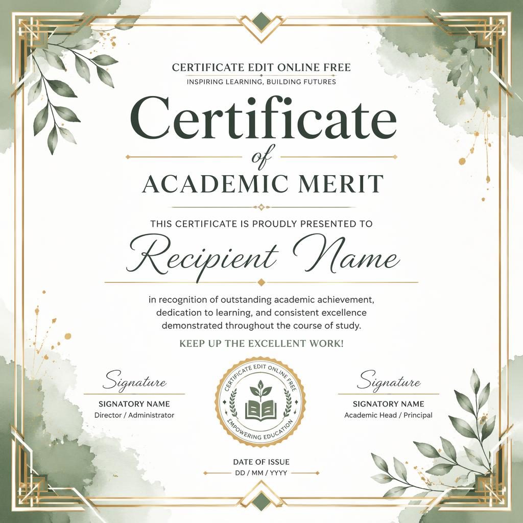 Landscape A4 academic merit certificate template with sage watercolor accents, art deco border, heading, name, text, signatures.