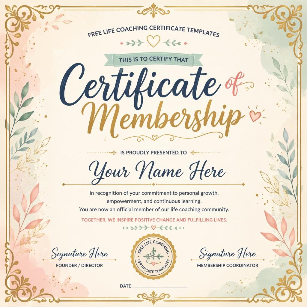 Landscape A4 membership certificate template with gold ornamental border, pastel palette, hand-lettered heading, signature lines